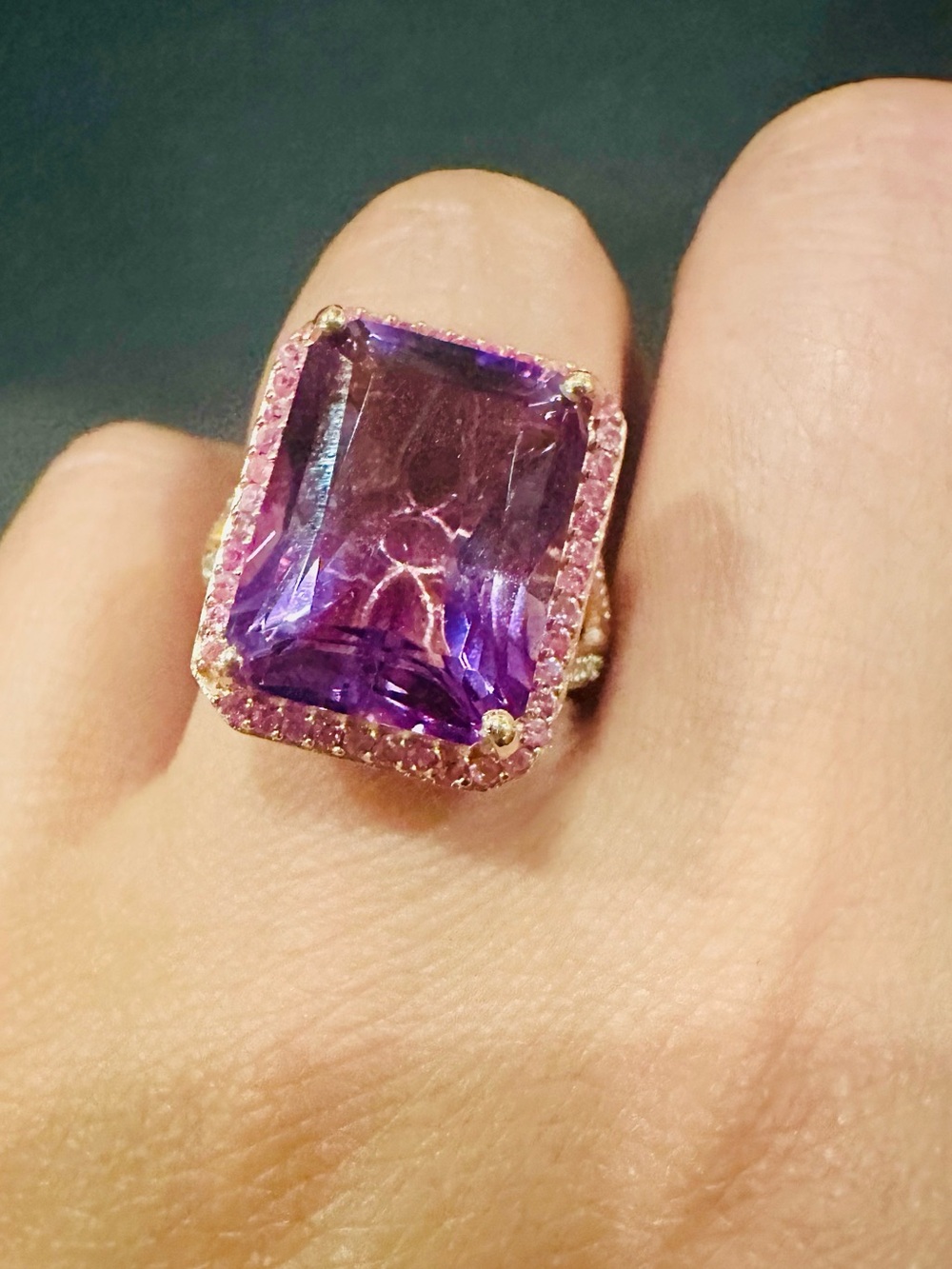 New XL Genuine Amethyst Diamond Cut Solitaire Ring 14k gold on 925 silver sz 7.5